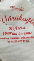 Tarihi Yörükoğlu Köftecisi menu